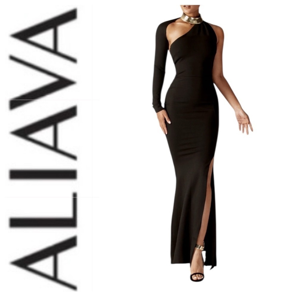 ALIAVA Lilux One Shoulder Modern Maxi Dress Black Formal Gown Size Large NWT - Picture 15 of 15
